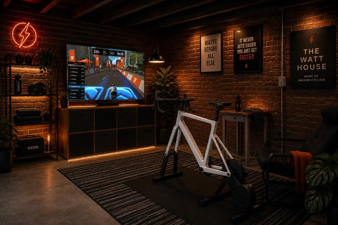 A home pain cave: a smart trainer set up in front of a screen running a Zwift group ride, brick walls, motivational posters and The Watt House branding.