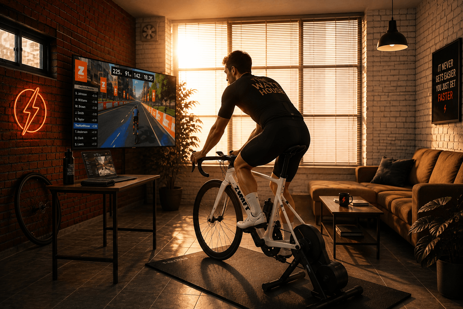 A rider mid-session on a smart trainer, Zwift running on the TV and laptop in front of them.
